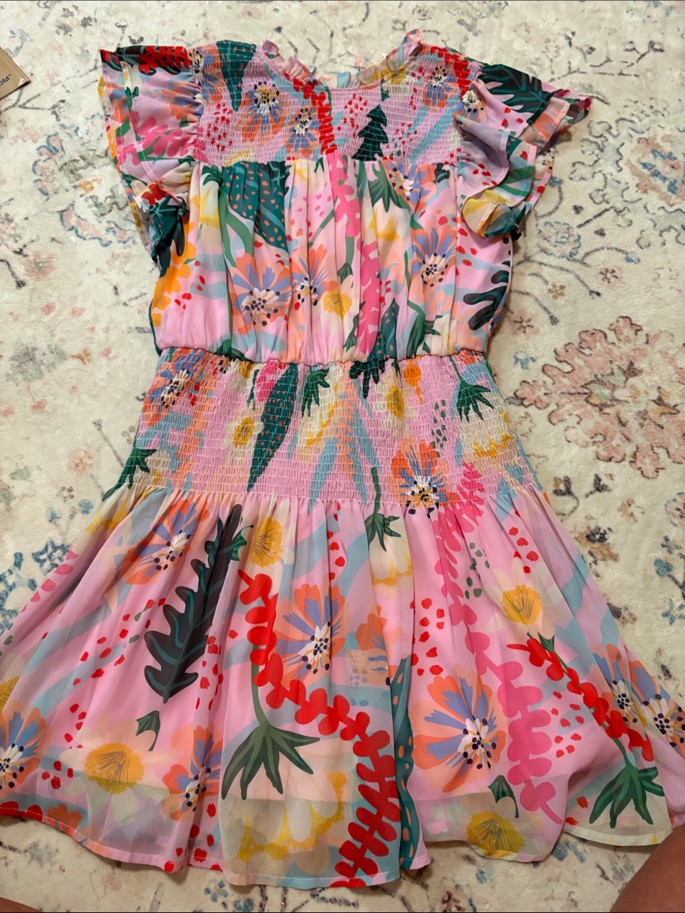 entro Pink Floral Smocked Waist Dress with Multicolor Print. Women’s size Large.